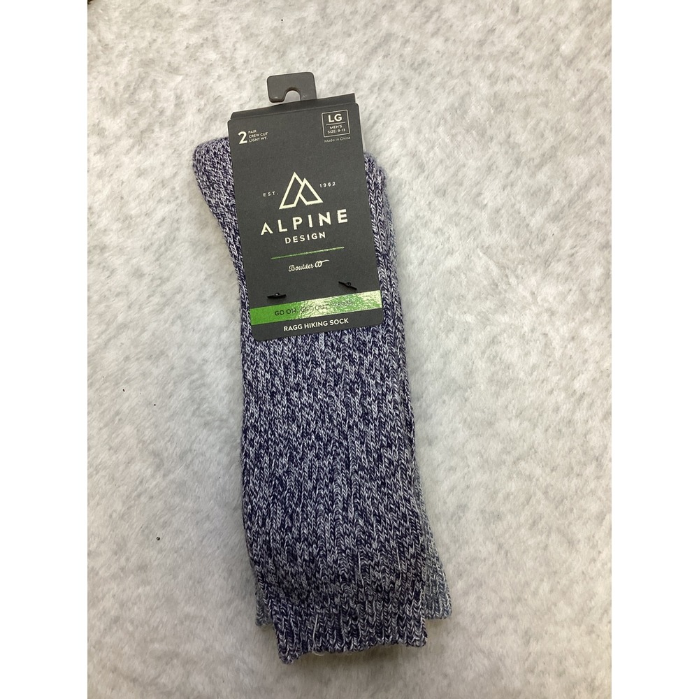 Alpine Design 2 Pair Crew Cut Ragg Hiking Socks Mens Large Navy Light Blue Marle
